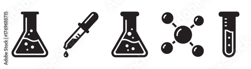 Black outline icons of laboratory equipment, including a beaker, dropper, molecule, and test tube, representing scientific themes.