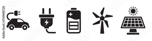 Black silhouette icons of eco-friendly technologies including an electric car, power plug, battery, wind turbine, and solar panel.