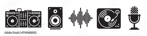 Black and white icons depicting a boombox, speaker, sound waves, turntable, and vintage microphone, representing various audio equipment.