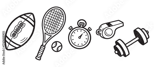 Black outline icons of a football, tennis racket with ball, stopwatch, whistle, and dumbbell representing various sports activities.