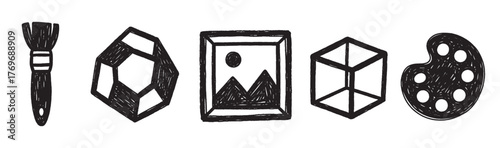 Black outline icons of a paintbrush, geometric rock, framed picture, 3d cube, and artist palette on a white background.