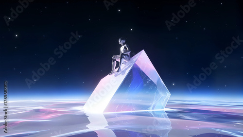 Wallpaper Mural A minimalist scene featuring a solitary figure perched atop a giant, translucent crystal shard, glimmering under a starless void. The figure, adorned in sleek metallic attire, gazes into the abyss, as Torontodigital.ca