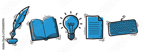 Blue and black outlined icons of a feather quill, open book, illuminated light bulb, paper document, and computer keyboard, representing creativity and information exchange.