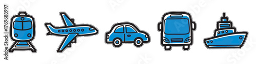 Black outline icons of a train, airplane, car, bus, and ship with blue fill, representing different modes of transportation.