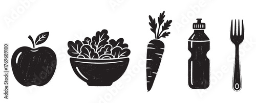 Black and white grunge-style icons of an apple, a bowl of salad, a carrot, a water bottle, and a fork, representing healthy eating and lifestyle.