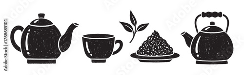 Black and white hand-drawn illustration of a teapot, cup, tea leaves, and a kettle, representing traditional tea culture.