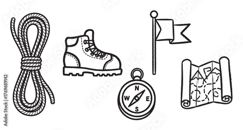Black outline icons of a coiled rope, hiking boot, compass, flag, and map, representing essential outdoor adventure equipment.