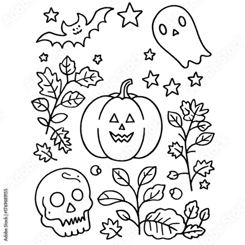 Halloween coloring book illustration set