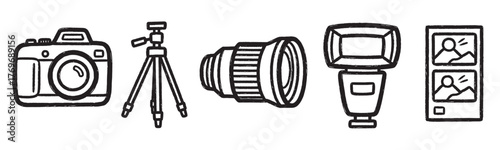 Black outline drawings of camera equipment including a camera, tripod, lens, flash, and a photo frame for photography enthusiasts.