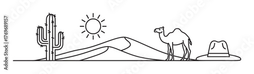 Simple black outline of a desert landscape featuring a cactus, sun, and a camel standing next to sand dunes with a hat on the ground.