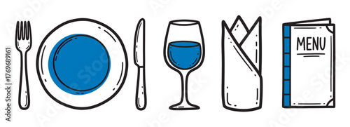 Simple black outline icons of a fork, knife, plate, wine glass, napkin, and menu, each accented with blue, for dining and restaurant themes.