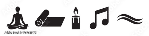 Black silhouette icons of a person meditating, a rolled yoga mat, a lit candle, a musical note, and a wavy line symbolizing relaxation and calmness.