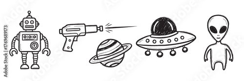 Hand-drawn black and white doodles of a robot, laser gun, planet, ufo, and alien, depicting a science fiction theme.