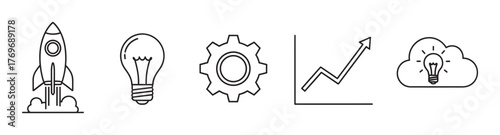 Black outline icons of a rocket, light bulb, gear, upward graph, and light bulb in a cloud, symbolizing innovation and progress.