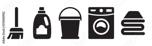 Black silhouette icons of a broom, detergent bottle, bucket, washing machine, and folded towels, representing cleaning and laundry equipment.