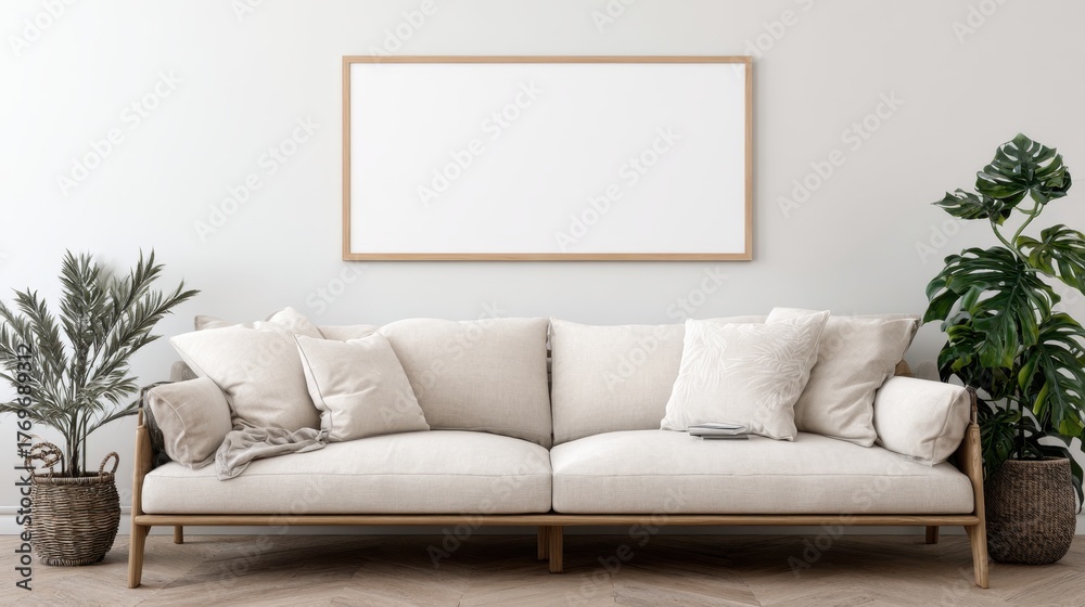 Fototapeta premium A spacious living room features a neutral colored sofa adorned with soft pillows and decorative plants.