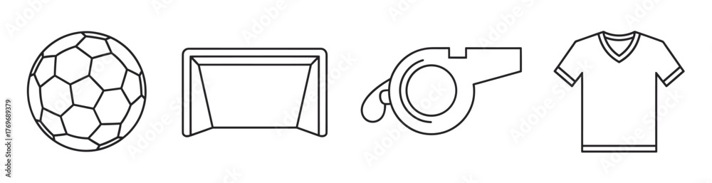 Fototapeta premium Black outline vector icons of a soccer ball, a goal net, a referee whistle, and a jersey. minimal linear illustrations for sports and football concepts.