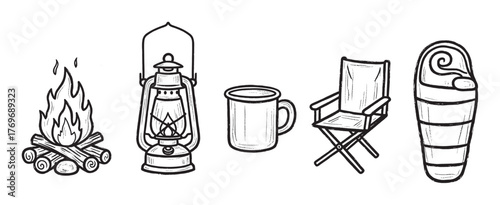 Black outline vector icons of a campfire, an old-fashioned lantern, a mug, a folding chair, and a rolled-up sleeping bag, representing camping essentials.