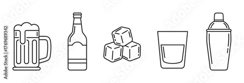 Black outline icons of a beer mug, a beer bottle, three ice cubes, a glass, and a cocktail shaker, representing various drinking items.