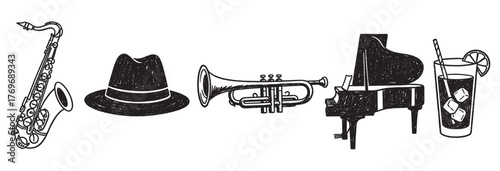 Black outline drawings of a saxophone, fedora hat, trumpet, grand piano, and cocktail with a straw and lemon slice, representing jazz elements.