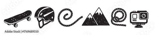 Black and white icons of a skateboard, helmet, rope, mountains, and an action camera, representing outdoor sports and adventure activities.