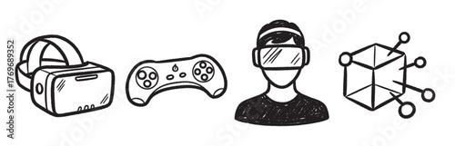 Hand-drawn black outline icons of a virtual reality headset, gaming controller, person wearing vr goggles, and connected digital cube.