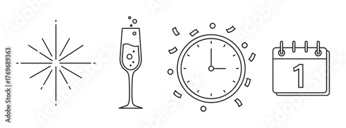 Black outline vector icons of a starburst, champagne glass, clock with confetti, and calendar page showing the number one.
