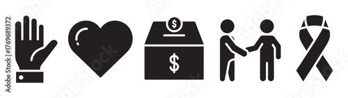 Black silhouette icons representing a hand, heart, donation box, two people shaking hands, and an awareness ribbon.