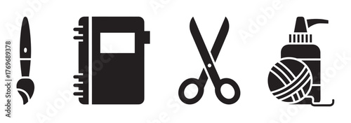 Black silhouette icons of a paintbrush, notebook, scissors, and a glue bottle with yarn, representing artistic and crafting tools.