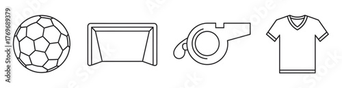 Black outline vector icons of a soccer ball, a goal net, a referee whistle, and a jersey. minimal linear illustrations for sports and football concepts.