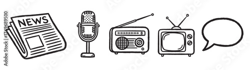 Hand-drawn black outline icons of a newspaper, microphone, radio, television, and speech bubble representing various media forms and communication methods.