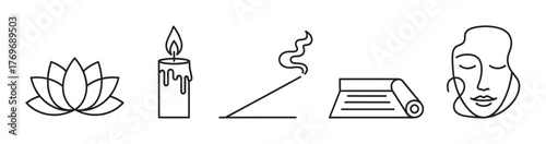 Black outline icons of a lotus flower, a burning candle, an incense stick, a rolled yoga mat, and a serene face with closed eyes.