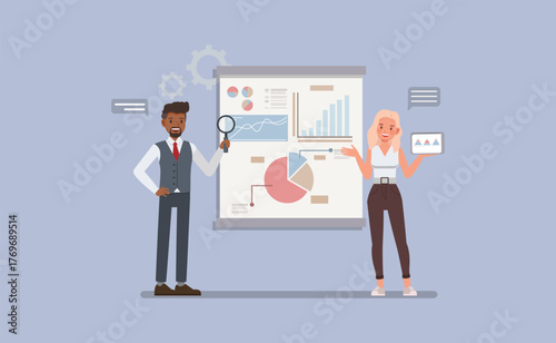 Business Analysis and Research concept. Business analyst studying graphs, charts, and documents with magnifying glass flat character vector illustration design.