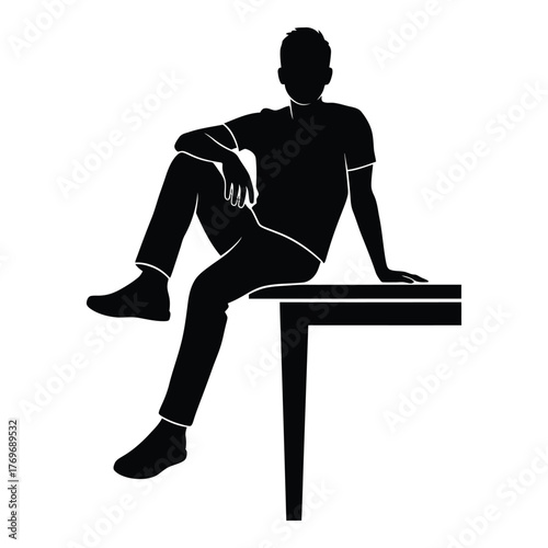 Silhouette of a young man sitting casually on a table in a declarative pose silhouette