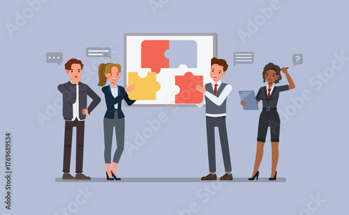 Business Problem Solving concept. Office employees solving puzzle pieces together flat character vector illustration design.