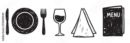 Black and white sketched icons of a dinner plate with cutlery, a wine glass, a folded napkin, and a menu booklet in a row.