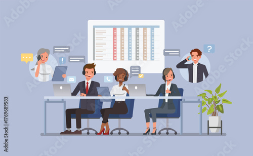Customer Support and Service concept. Customer support team with headphones, chat bubbles, and laptop flat character vector illustration design.