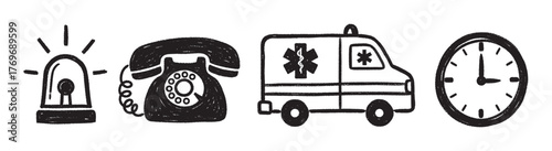 Black and white hand-drawn icons of an emergency siren, rotary telephone, ambulance, and wall clock, symbolizing communication and urgency.