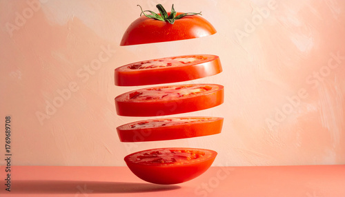 Fresh tomato cut into equal slices hanging in the air.
