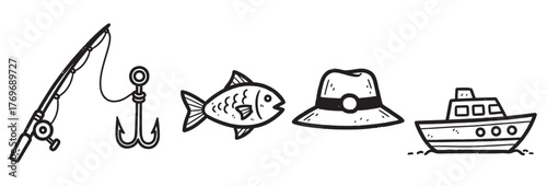 Black outline drawings of a fishing rod, hook, fish, hat, and boat in a simple linear style, conveying themes of fishing and outdoor adventure.