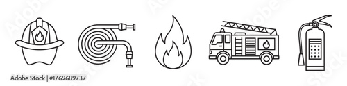 Black outline icons of firefighter helmet, hose, flame, fire truck, and extinguisher symbolizing firefighting equipment.