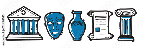Illustration of five ancient greek-themed icons including a temple, theatrical mask, amphora, scroll, and column, accented with blue highlights.