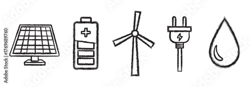 Black outline icons of solar panel, battery, wind turbine, electric plug, and water drop, representing renewable energy concepts.