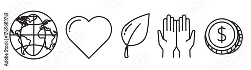 Black outline icons depicting earth, a heart, a leaf, praying hands, and a coin with a dollar sign, symbolizing global, love, nature, faith, and finance concepts.