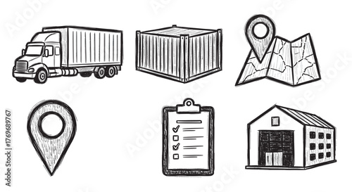Black outline sketch of logistics and warehousing items including a truck, shipping container, location markers, a checklist, and a warehouse.