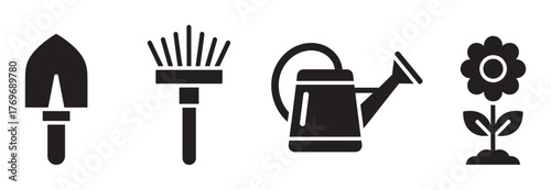 A set of black silhouette gardening tools including a trowel, rake, watering can, and a blooming flower.