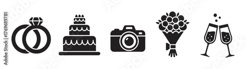 Black silhouette icons representing wedding concepts, including rings, a cake, a camera, a bouquet, and champagne glasses.