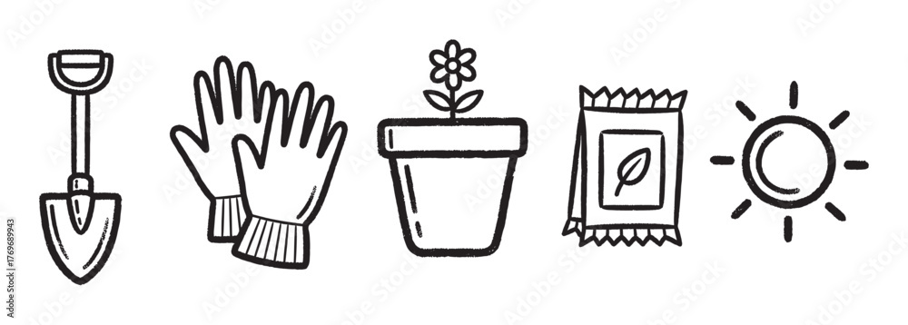 Fototapeta premium Black outlined icons of a garden shovel, gloves, potted flower, seed packet, and sun, representing essential gardening tools and elements.