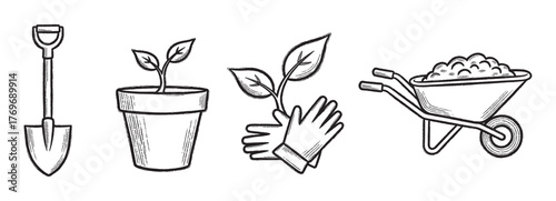 Black outline icons depicting a shovel, potted plant, gardening gloves with a plant, and a wheelbarrow filled with soil.
