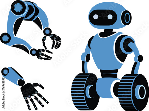Modular robot and robotic hand vector illustration. Futuristic artificial intelligence technology, automation, and robotics engineering concept in flat modern vector design